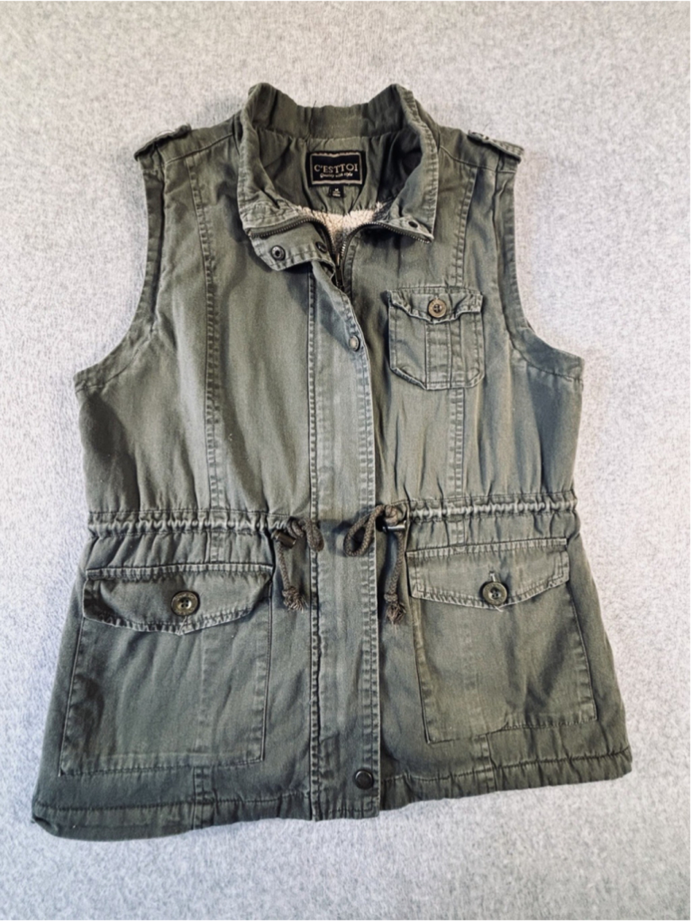 C’est Toi Women’s M Olive Green Utility Vest Sherpa Lined Military Cargo
